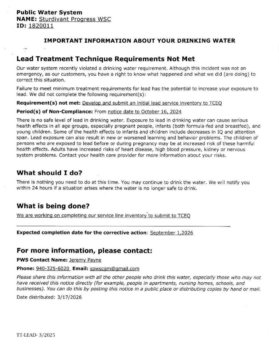 2026 Lead and Copper state required filing